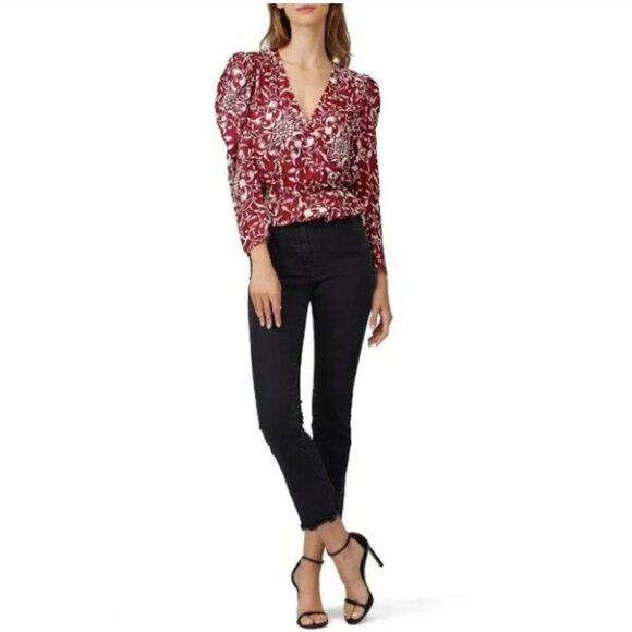 The Kooples Botanical-Print Puff-Sleeve Peplum Silk Top - Picture 3 of 11